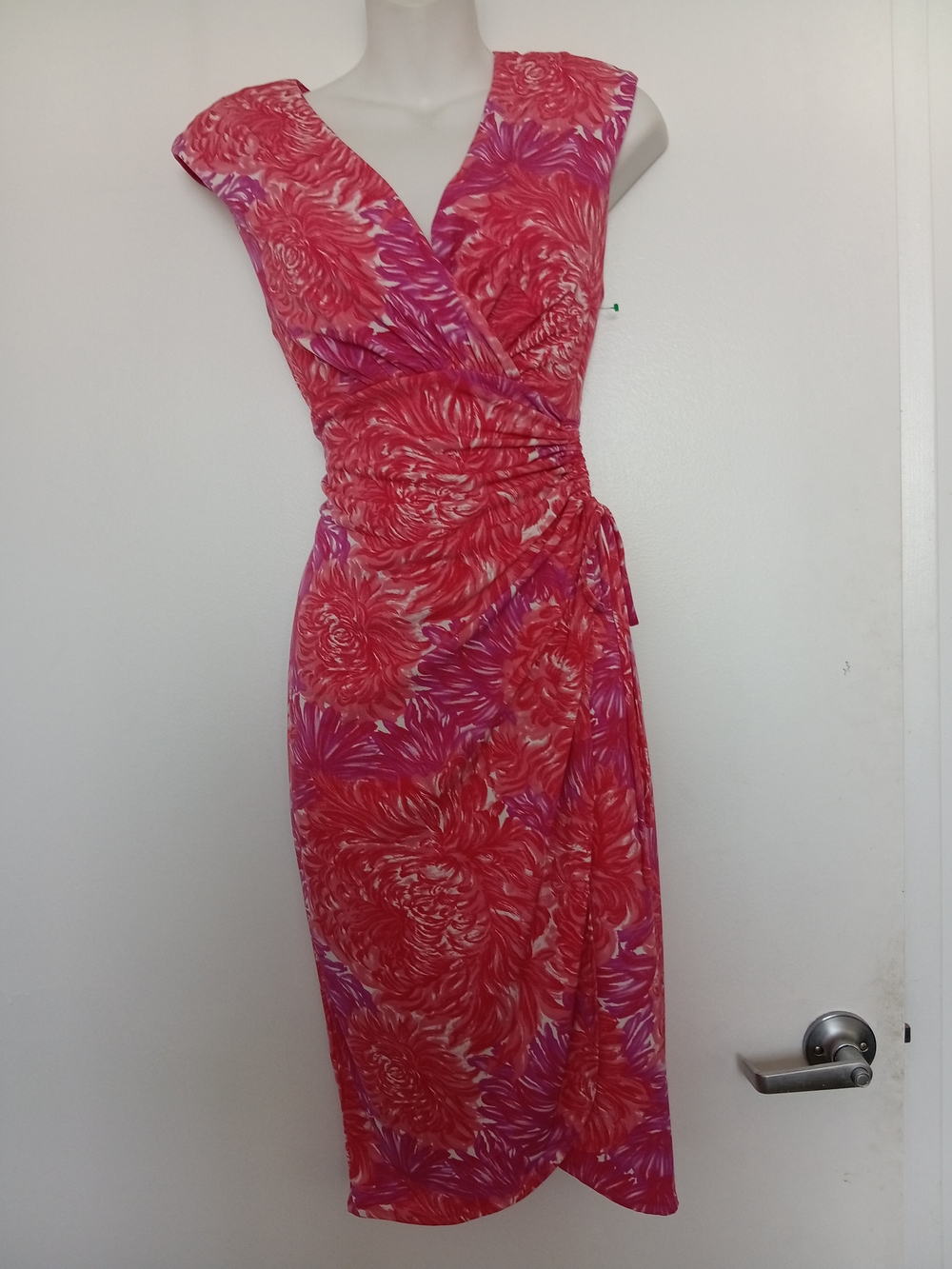 London Times Pink and Purple Floral Midi Wrap Dress